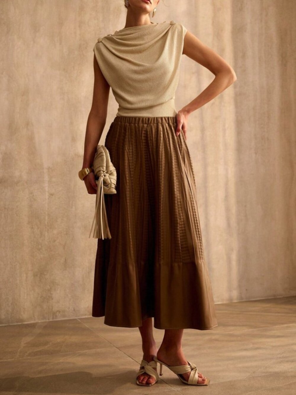 Brown Faux Leather Crinkled Pleated Elastic Waist A-Line Maxi Skirt - Picture 5 of 7